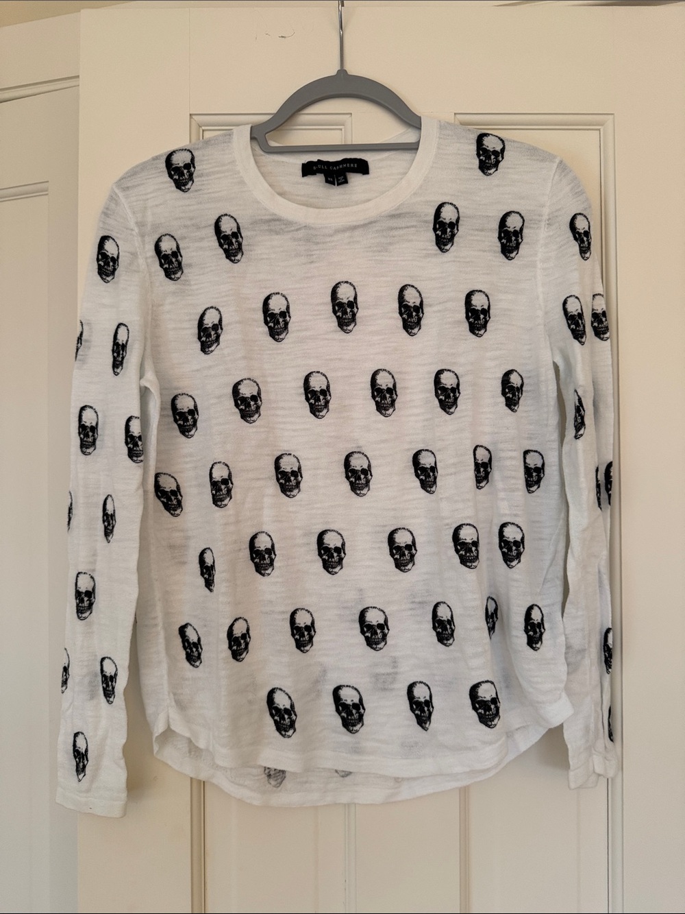 Skull Cashmere White Long-Sleeve Tee with Black Skull Print